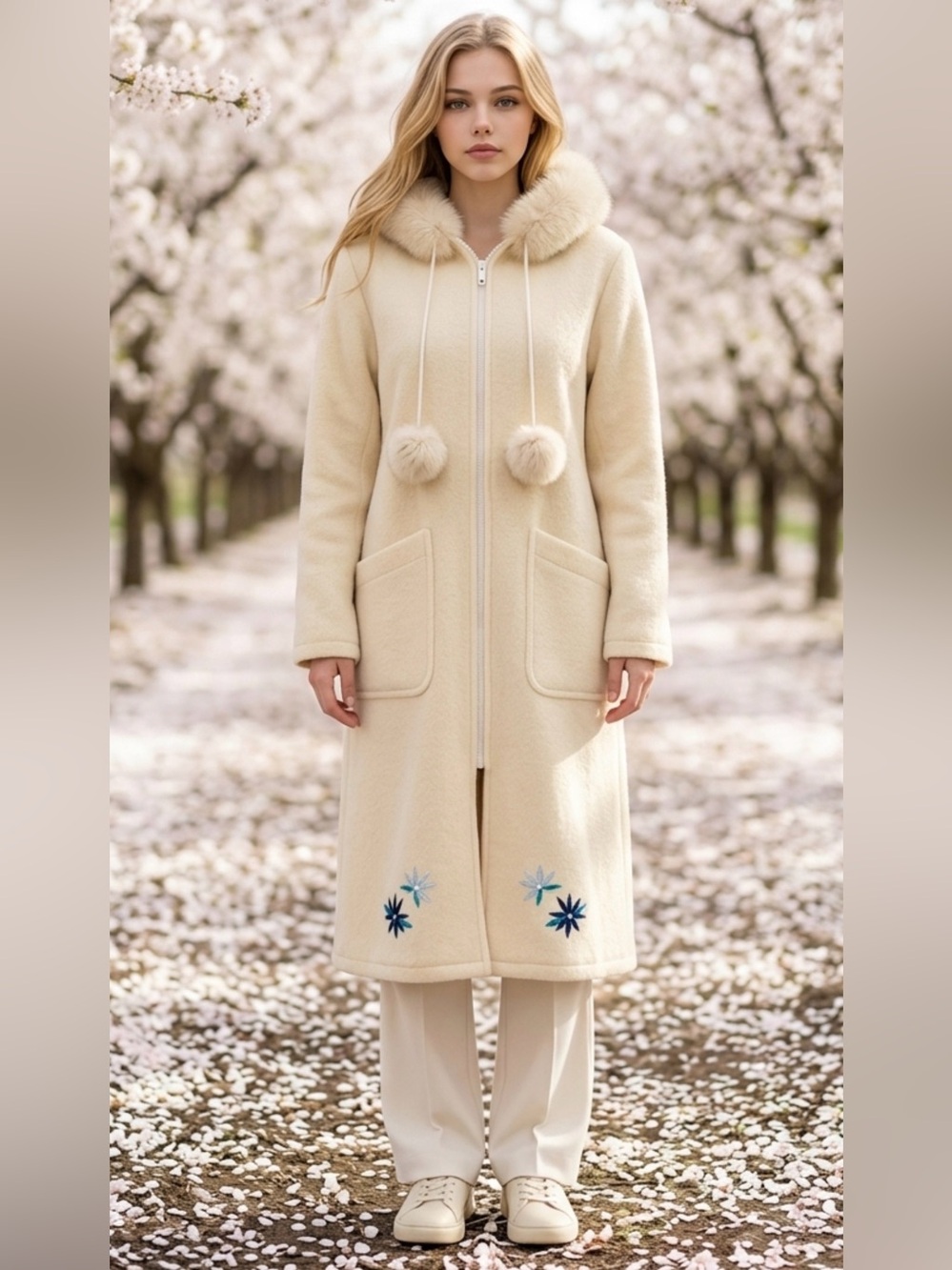 Pure Virgin Wool Cream Hooded Long Trench Coat with Fur Trim and Pom-Pom Details